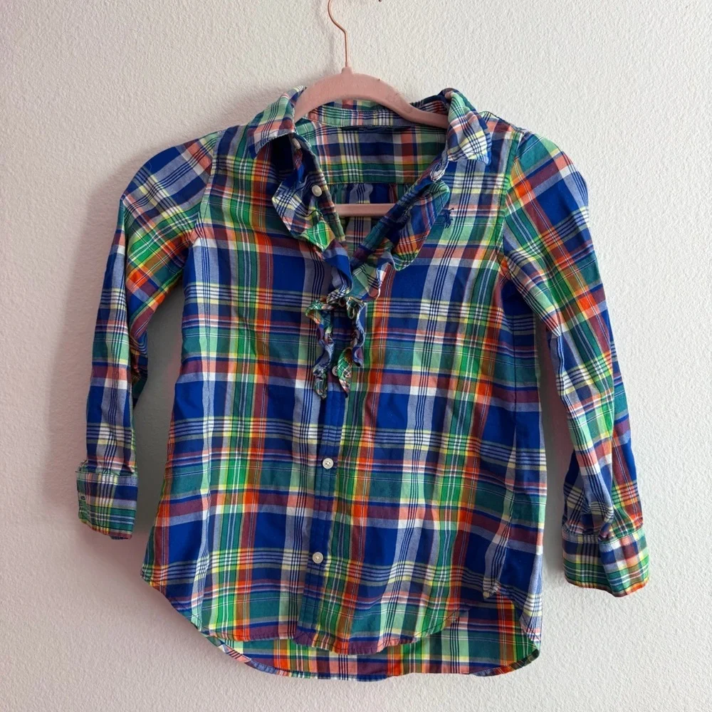 Ralph Lauren Youth Girls Plaid Ruffle-Front Button Up Shirt Size 6x